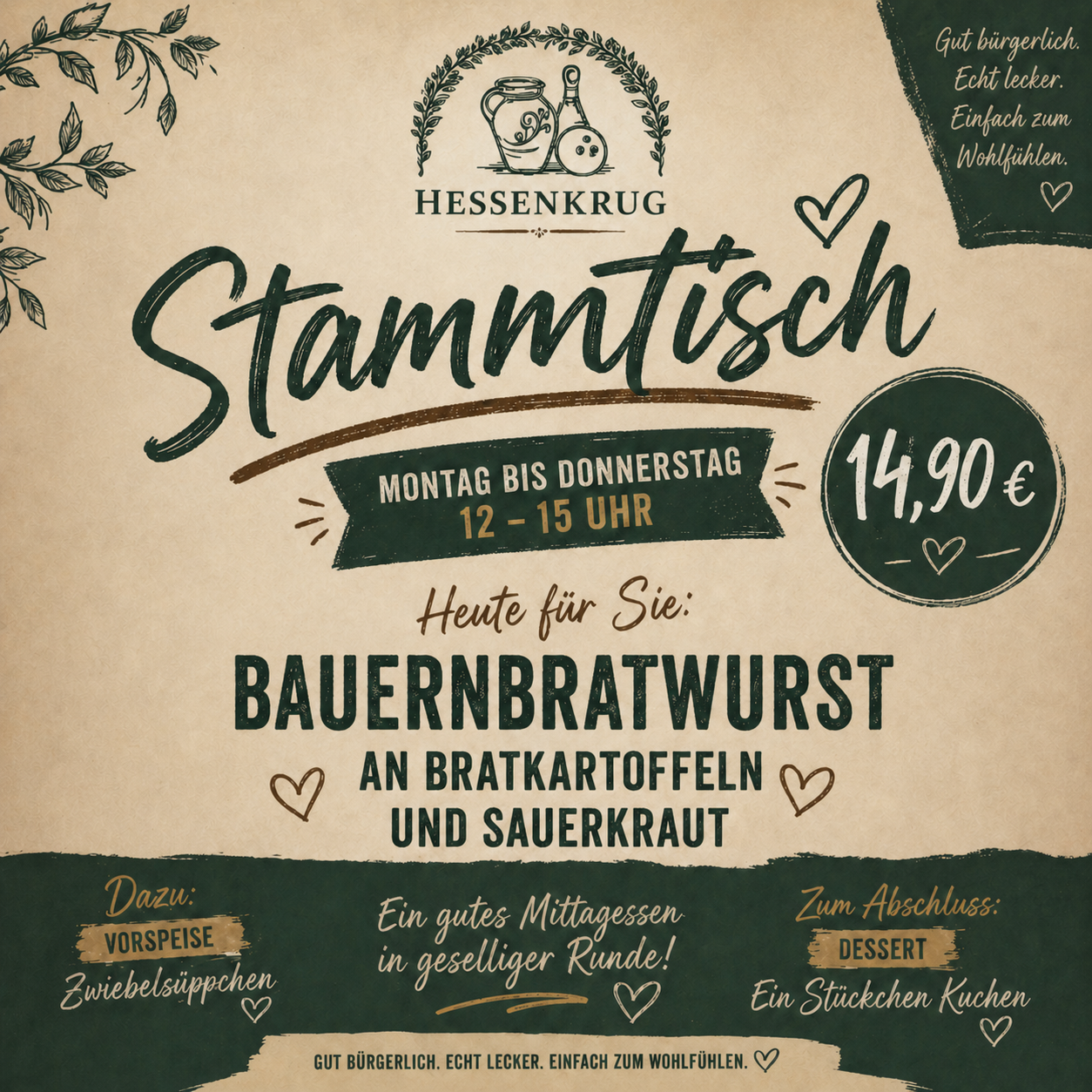 Tuesday lunch menu: farmhouse bratwurst
